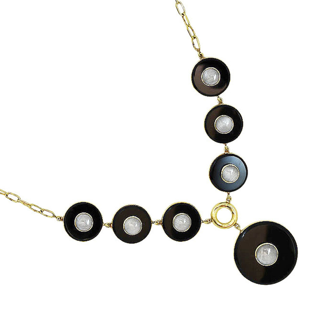 18K Gold Plated Black Onyx and Rainbow Moonstone Necklace Earrings Set TT01011