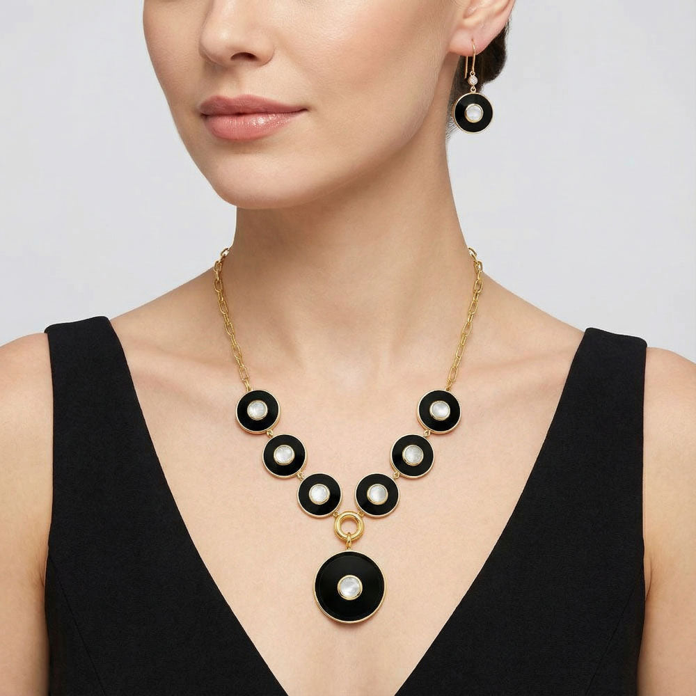 18K Gold Plated Black Onyx and Rainbow Moonstone Necklace Earrings Set TT01011